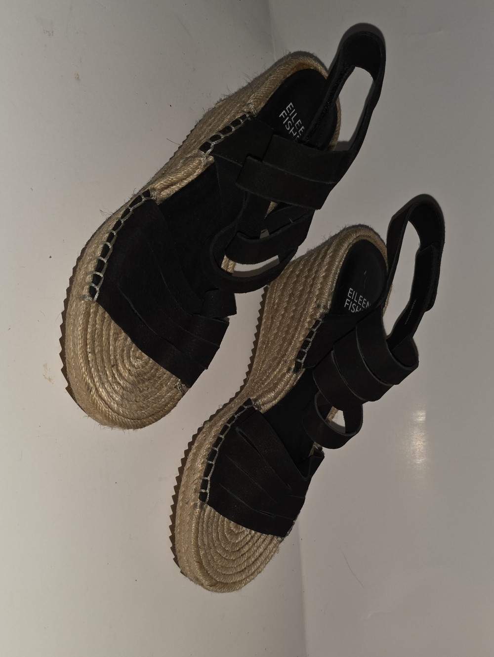 Eileen Fisher SZ 6.5 LARGO Black Woven Espadrille Platform Wedge Sandals
